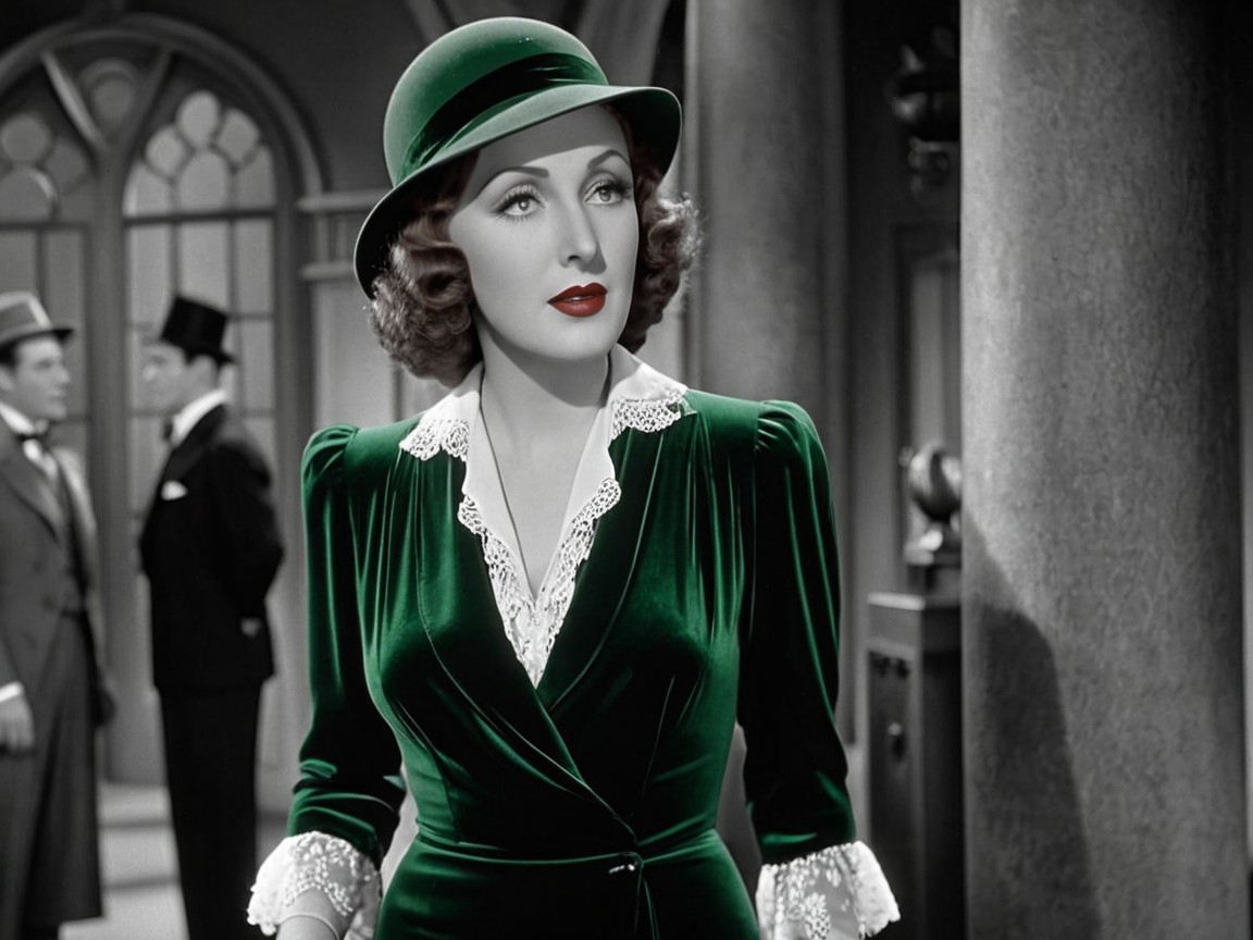 Glamorous Woman in Green Velvet Dress in Vintage Scene