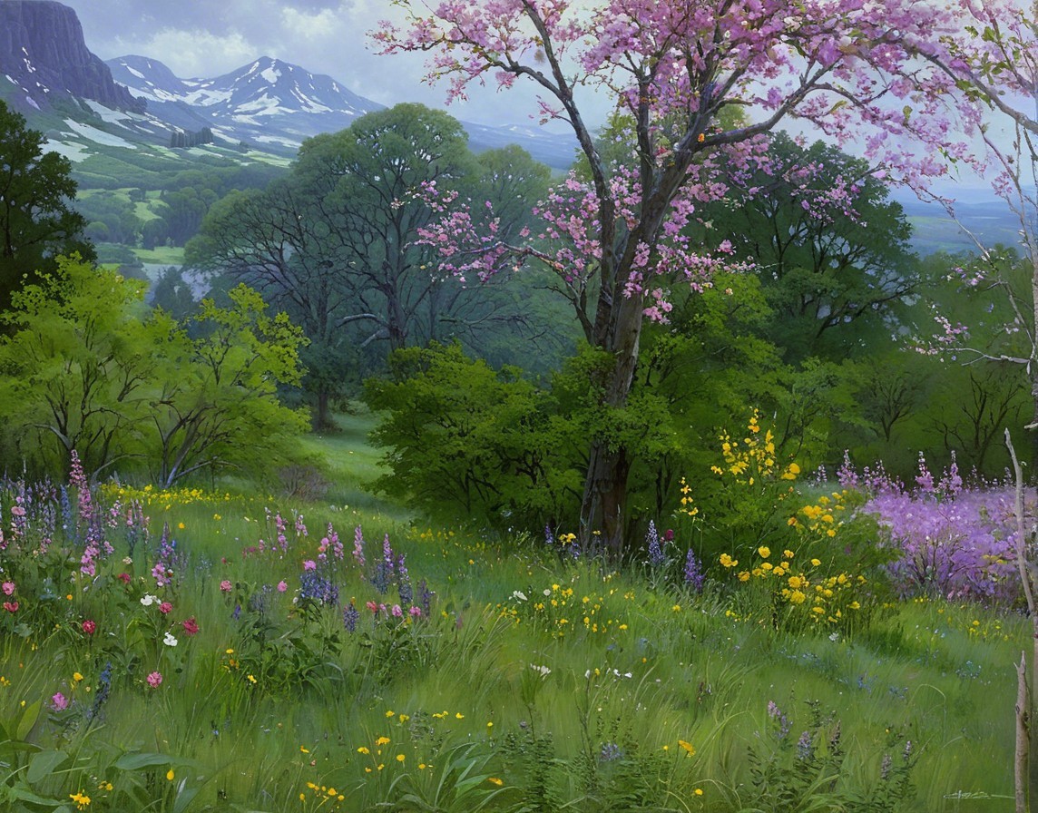 Vibrant Landscape with Wildflowers and Mountains