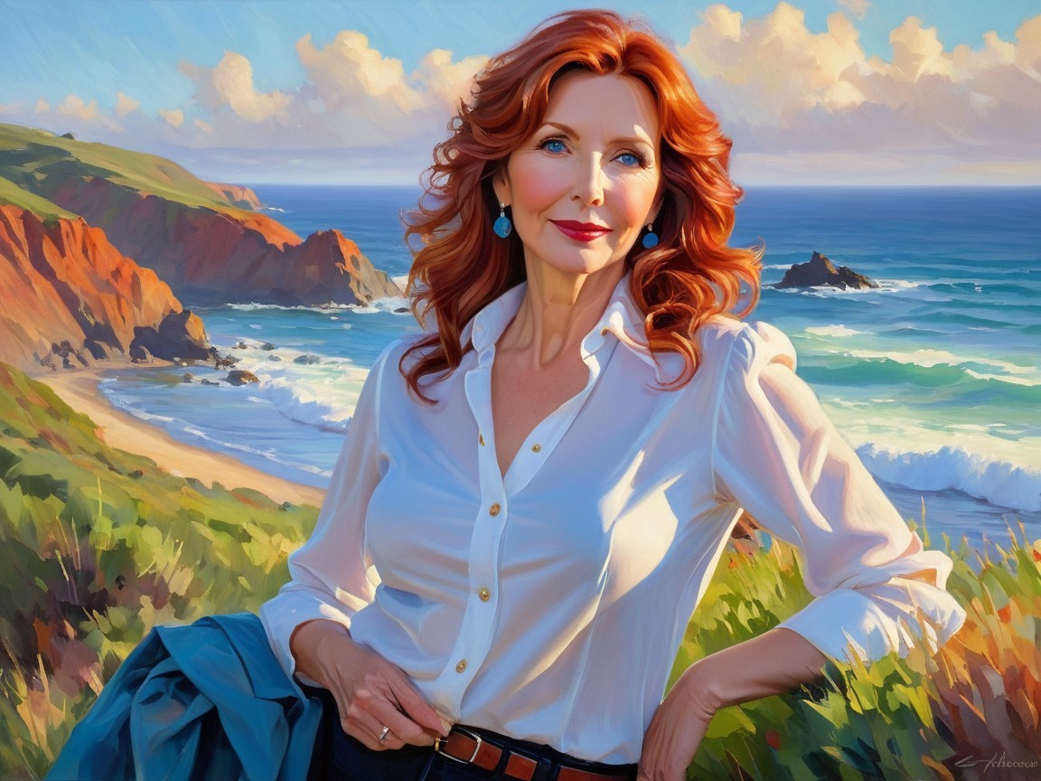 Oil Painting of Smiling Older Woman on Beach Cliff