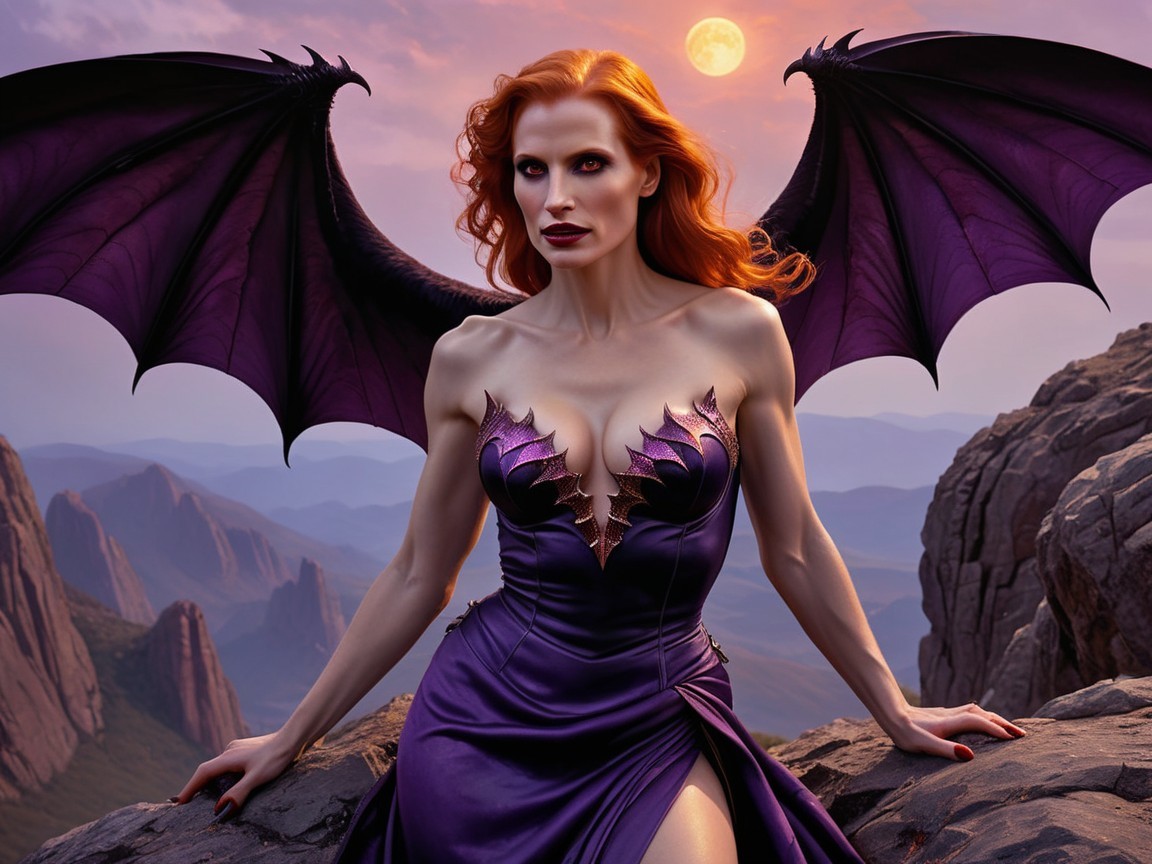 Mystical Figure with Wings in Twilight Landscape