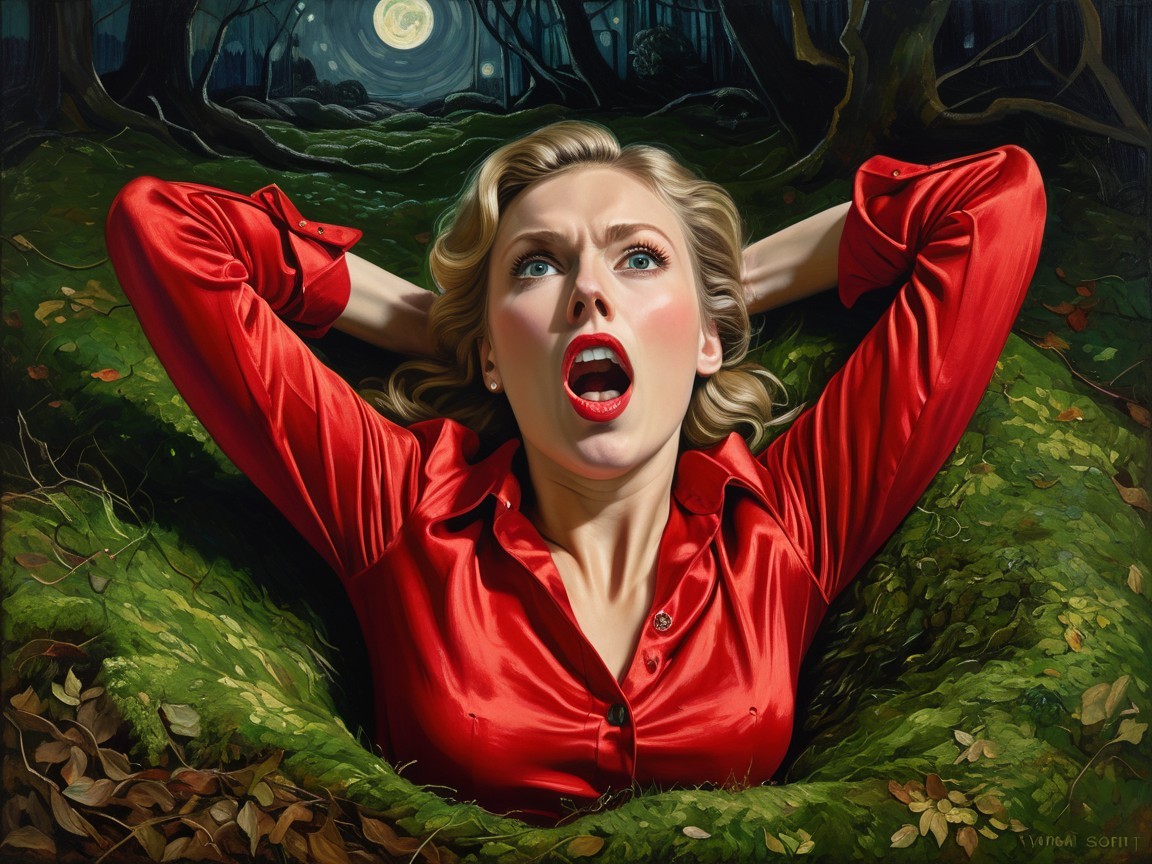 Woman in Red Shirt in Dark Forest with Moonlight