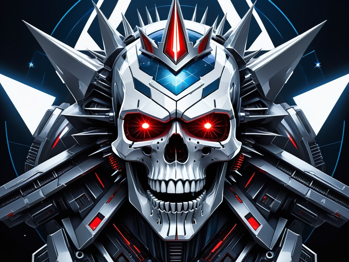 Futuristic Metallic Skull with Crown and Red Eyes