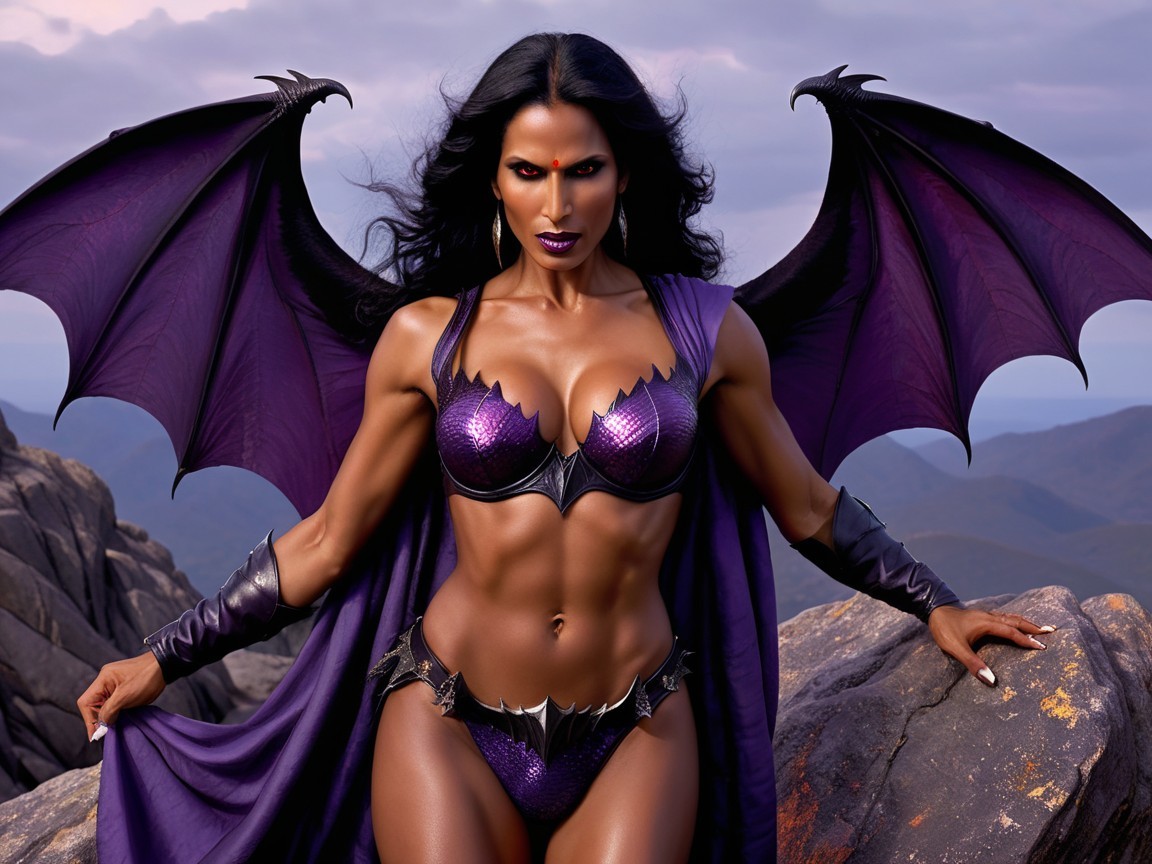 Confident Figure in Purple and Black Bat Costume