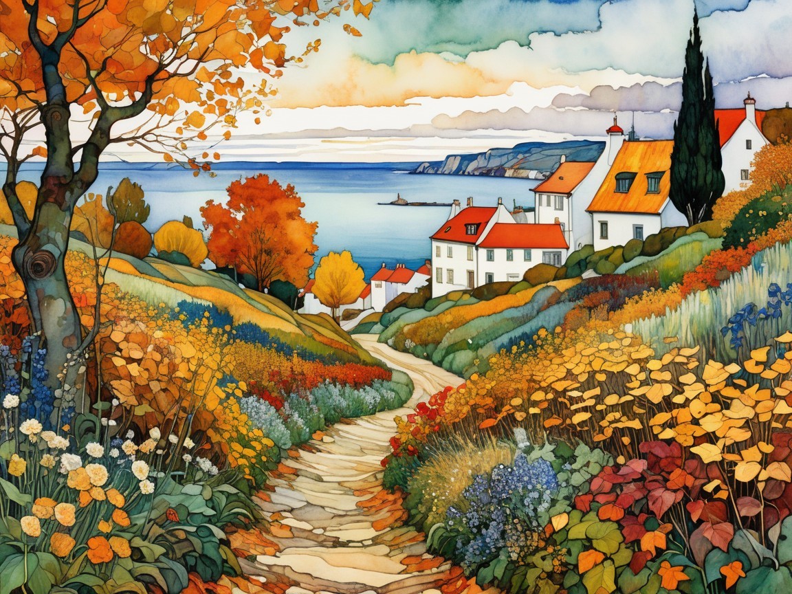 Autumn Landscape with Stone Path and Coastal View