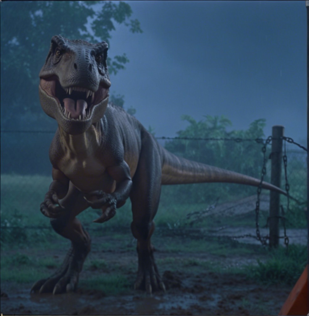 Lifelike Tyrannosaurus rex in rain-soaked setting
