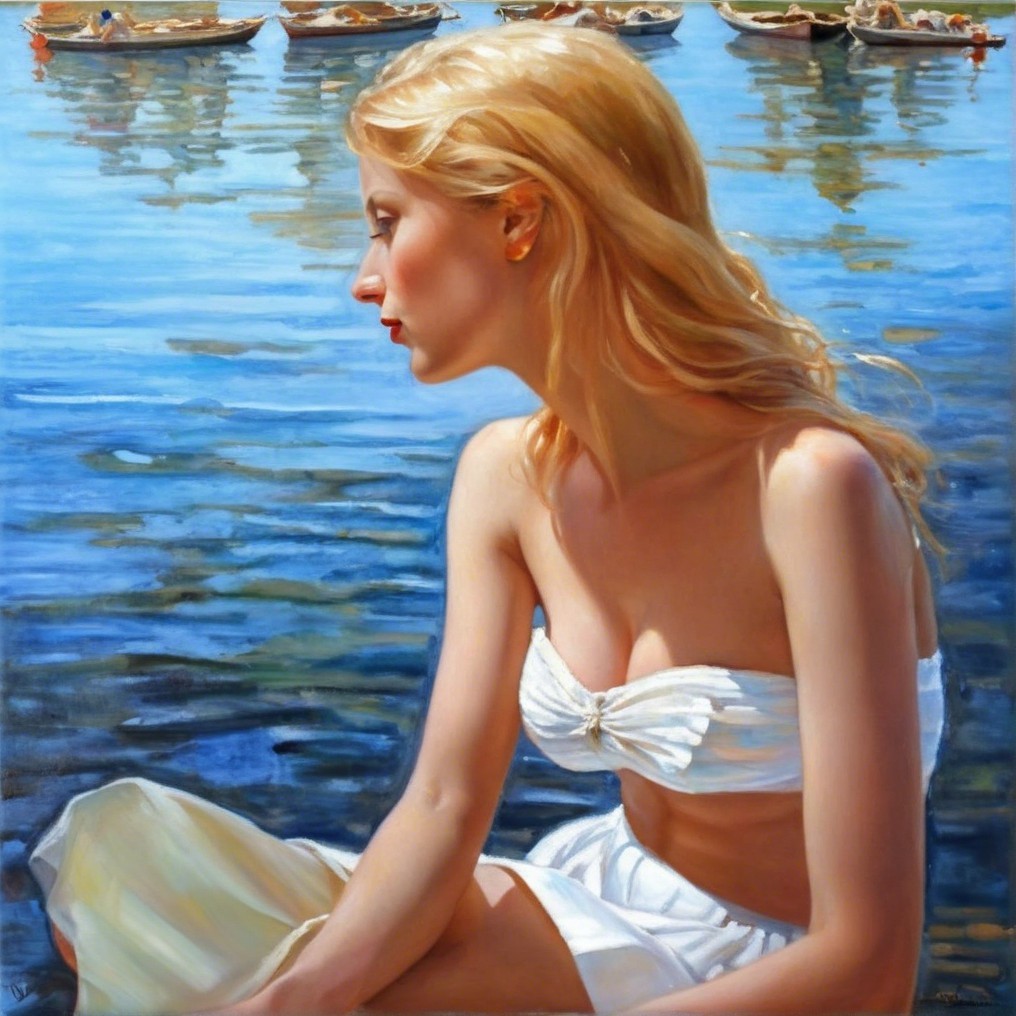 Profile of a Woman by Tranquil Water with Boats