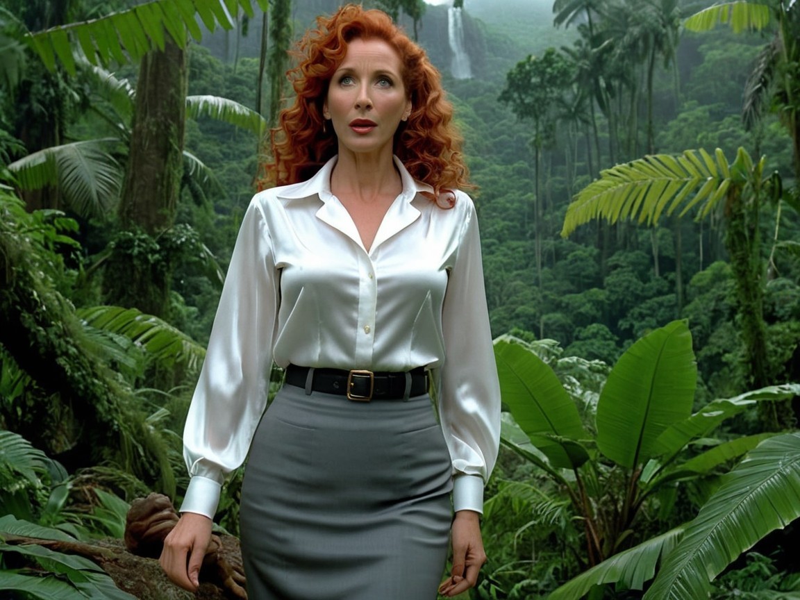 Woman in jungle with red hair and elegant attire