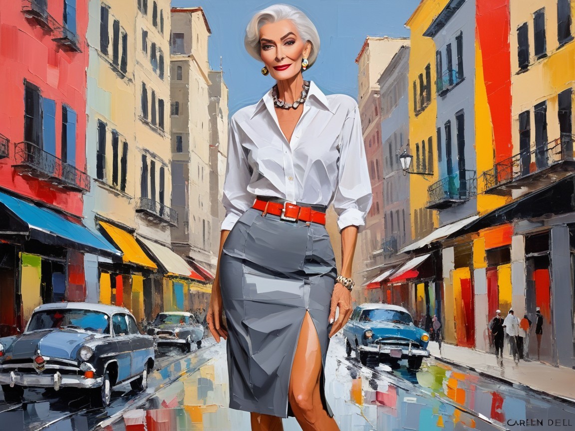 Fashionable Woman in Urban Setting with Colorful Backdrop