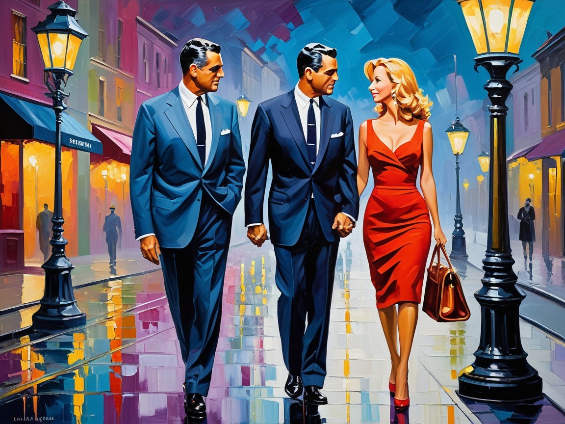 Elegant Street Scene with Stylish Trio in Suits and Dress