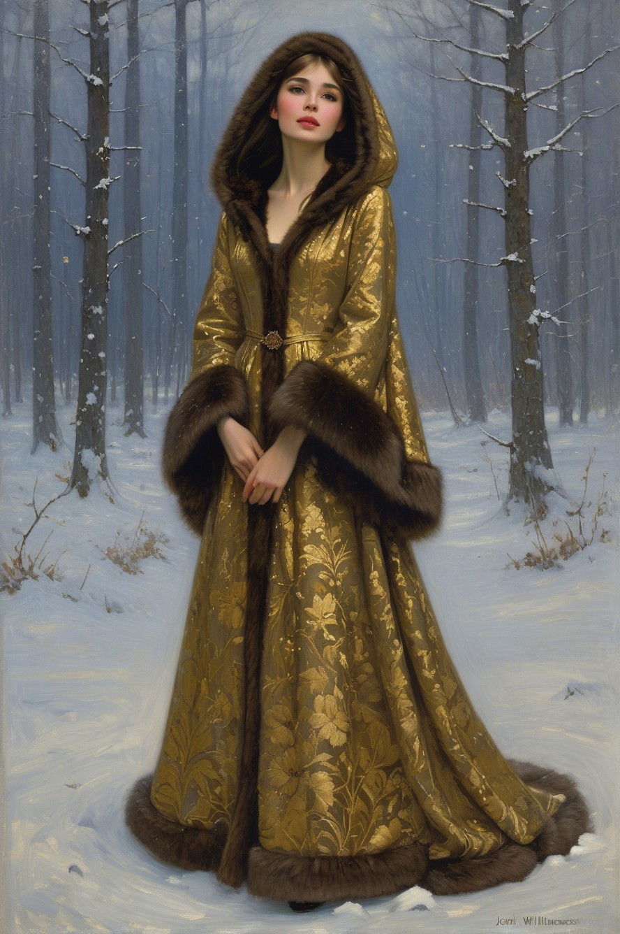 Woman in gold gown in snowy forest setting