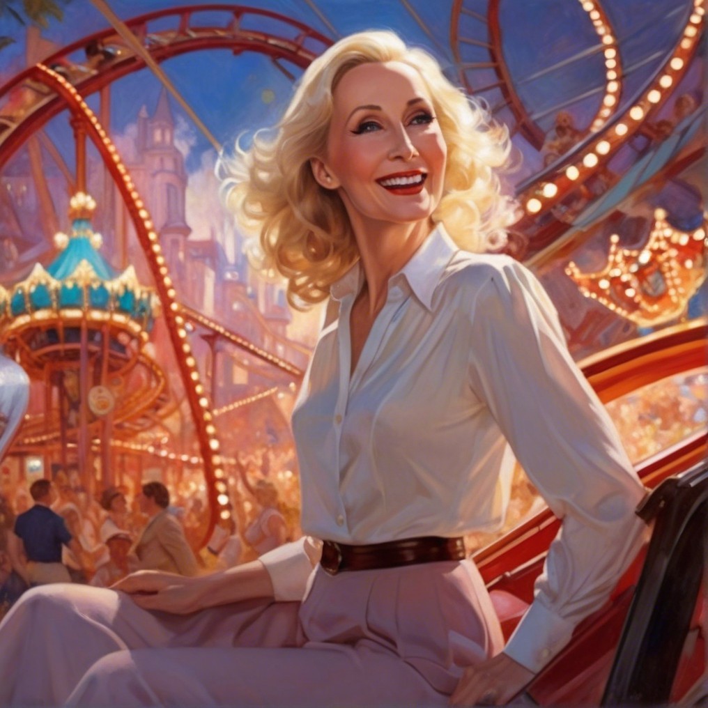 Glamorous Woman at Colorful Amusement Park Scene