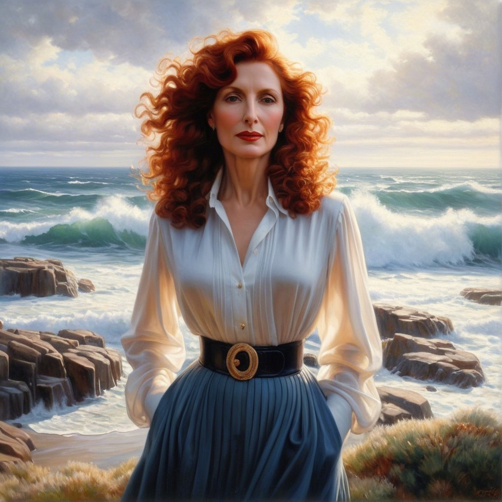 Woman with curly red hair by the ocean cliffs
