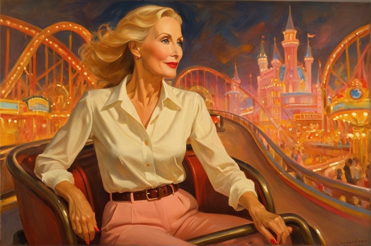 Oil Painting of Woman on Amusement Park Ride at Night