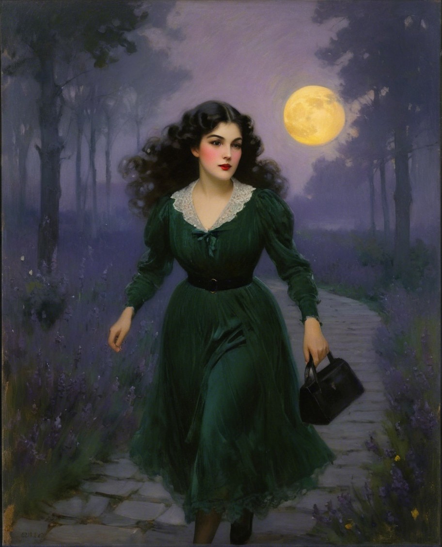 Young woman in green dress on moonlit path