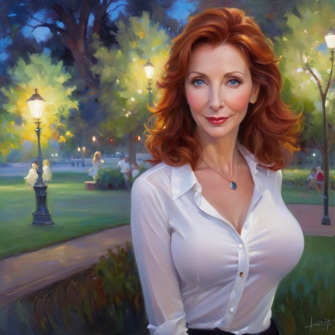 Detailed Oil Painting of Woman in Dusk Park Setting