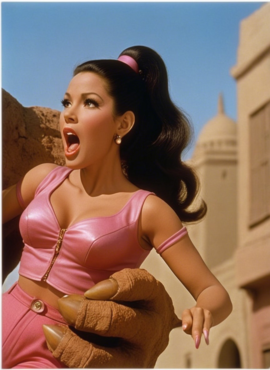 Surprised Woman in Pink Outfit in Desert Setting