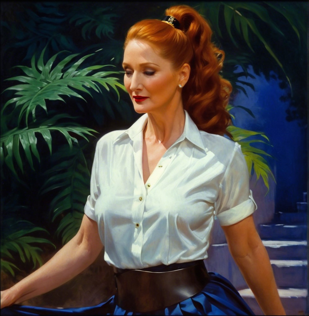 Woman with Red Hair in Tropical Greenery Setting
