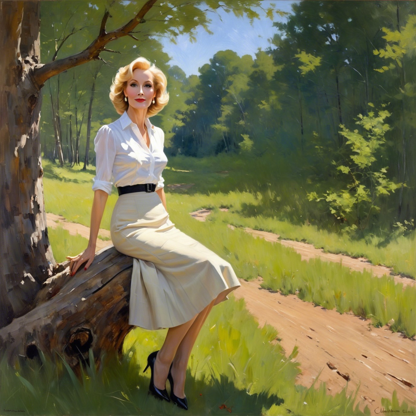 Woman in White Blouse and Cream Skirt on Tree Stump