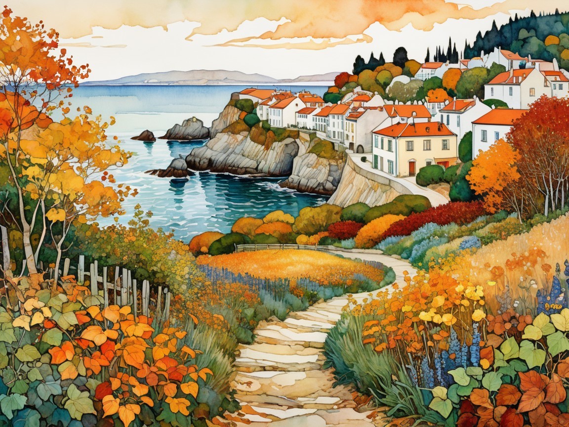 Coastal Village with Red Roofs and Autumn Foliage