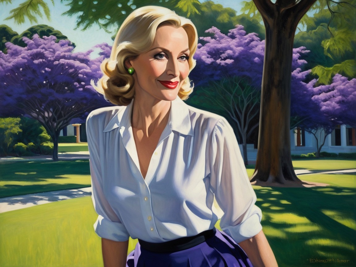 Glamorous Woman Outdoors in White Blouse and Purple Skirt