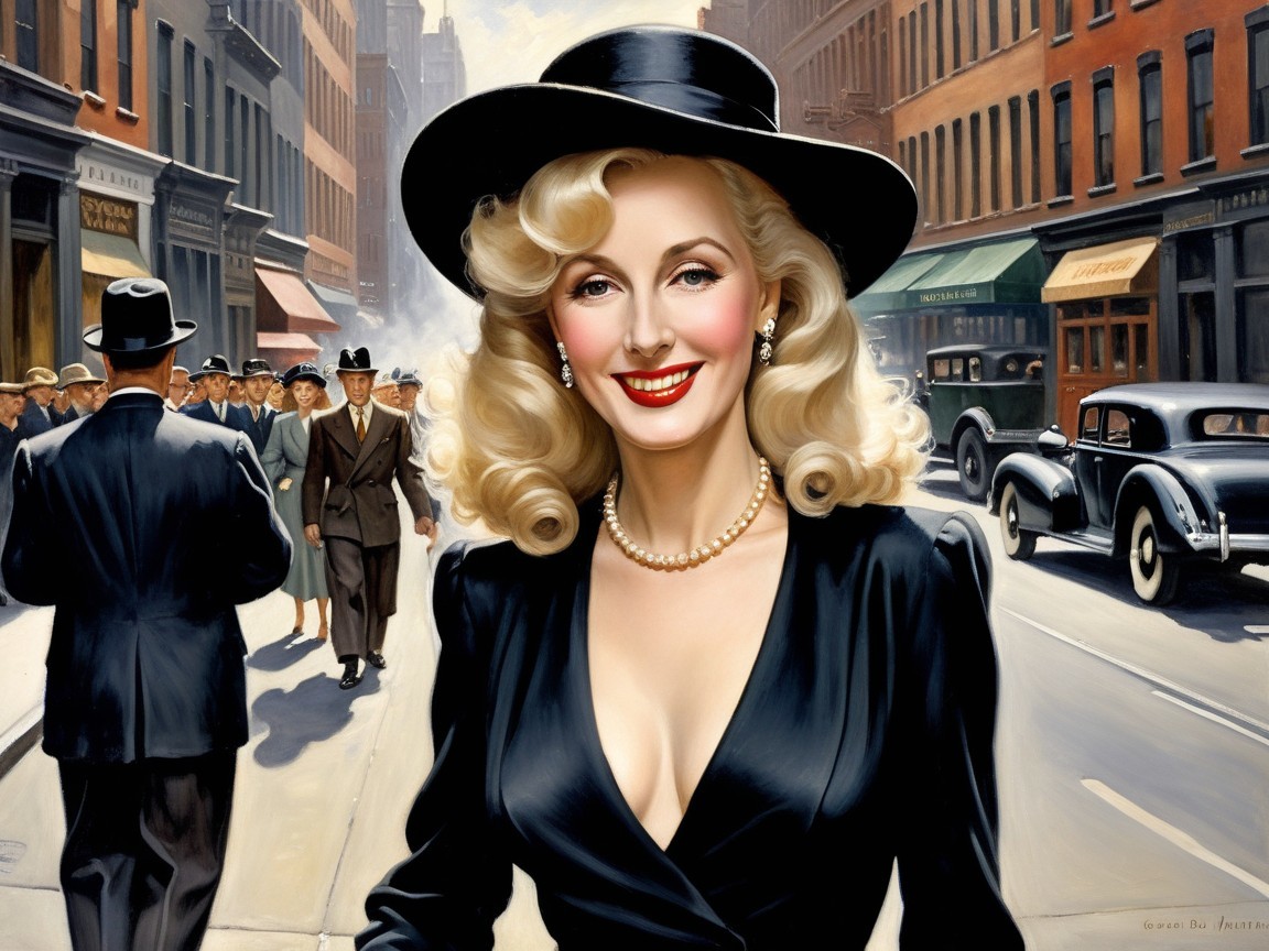 Glamorous Woman in Black Dress on City Street