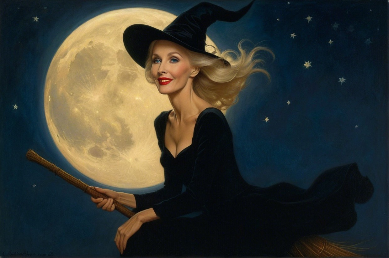 Glamorous Witch Flying on Broomstick Under Full Moon