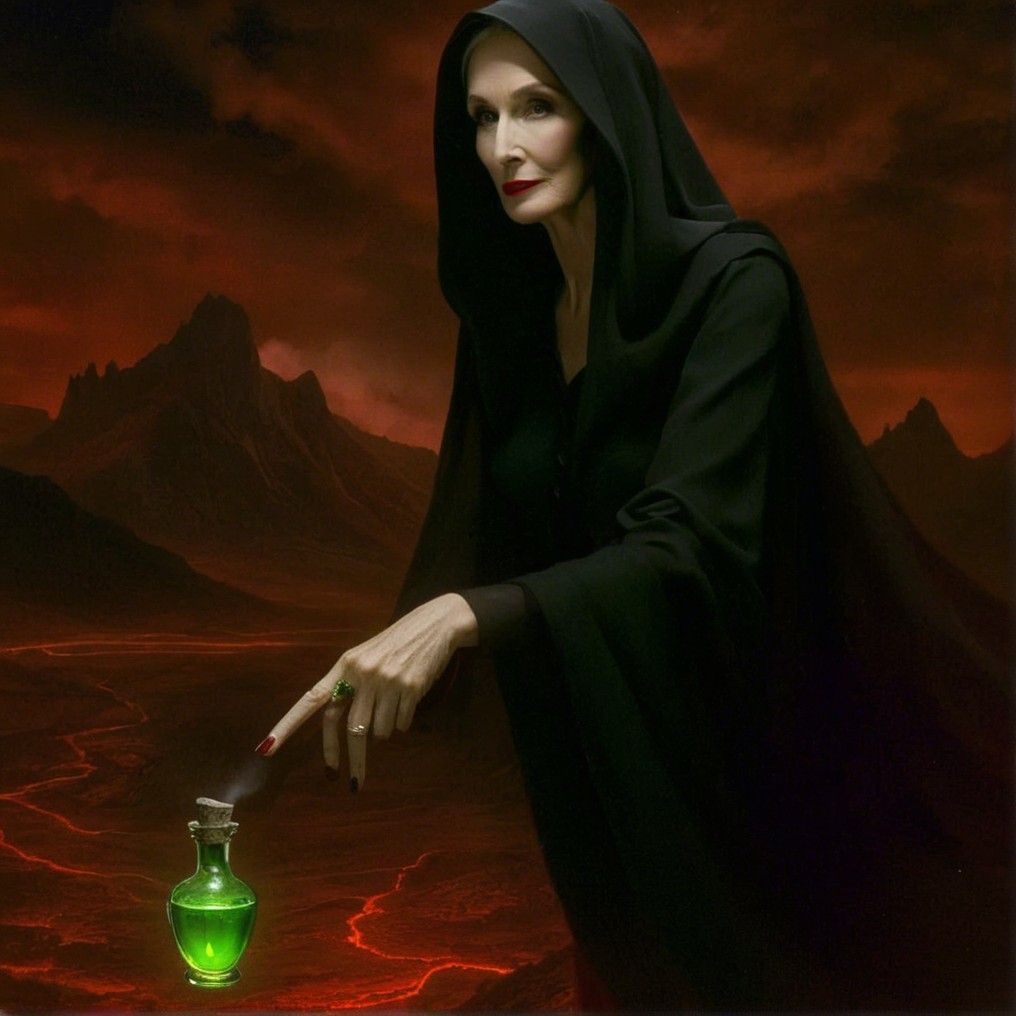 Mysterious Figure in Cloak Against Dark Landscape