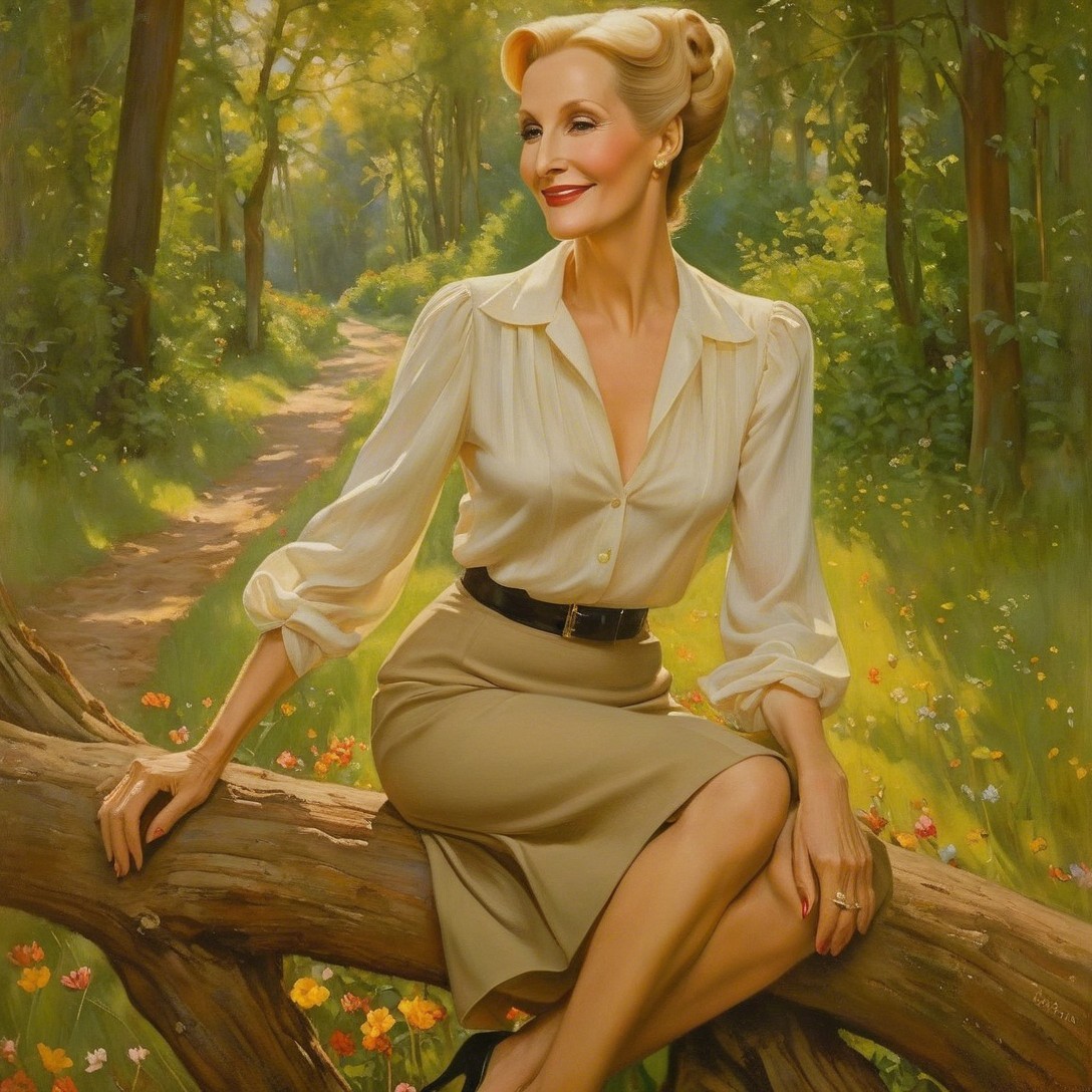Woman in elegant attire seated on a log in forest