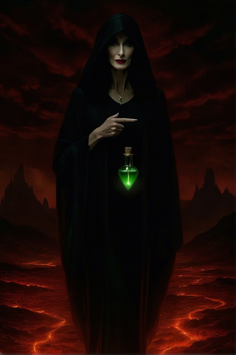 Cloaked Figure with Potion in Volcanic Landscape