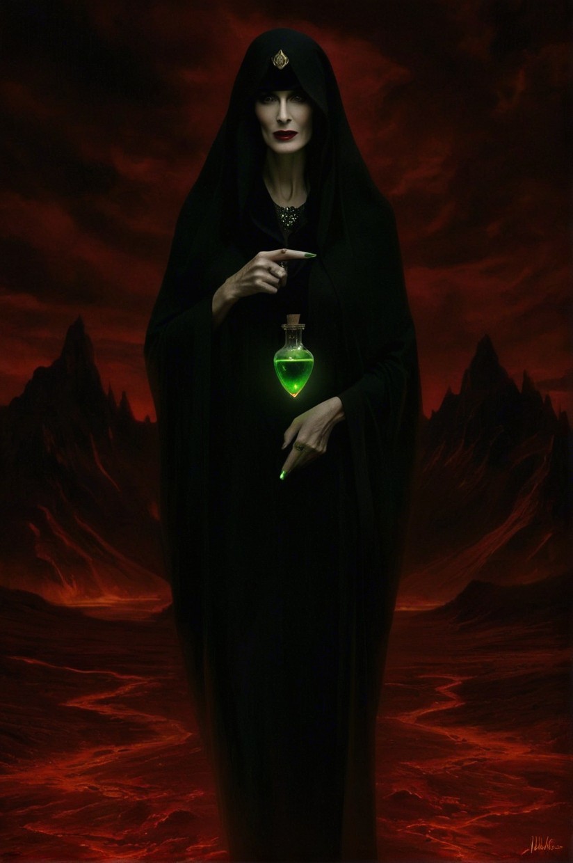 Cloaked Figure with Green Potion in Fiery Landscape