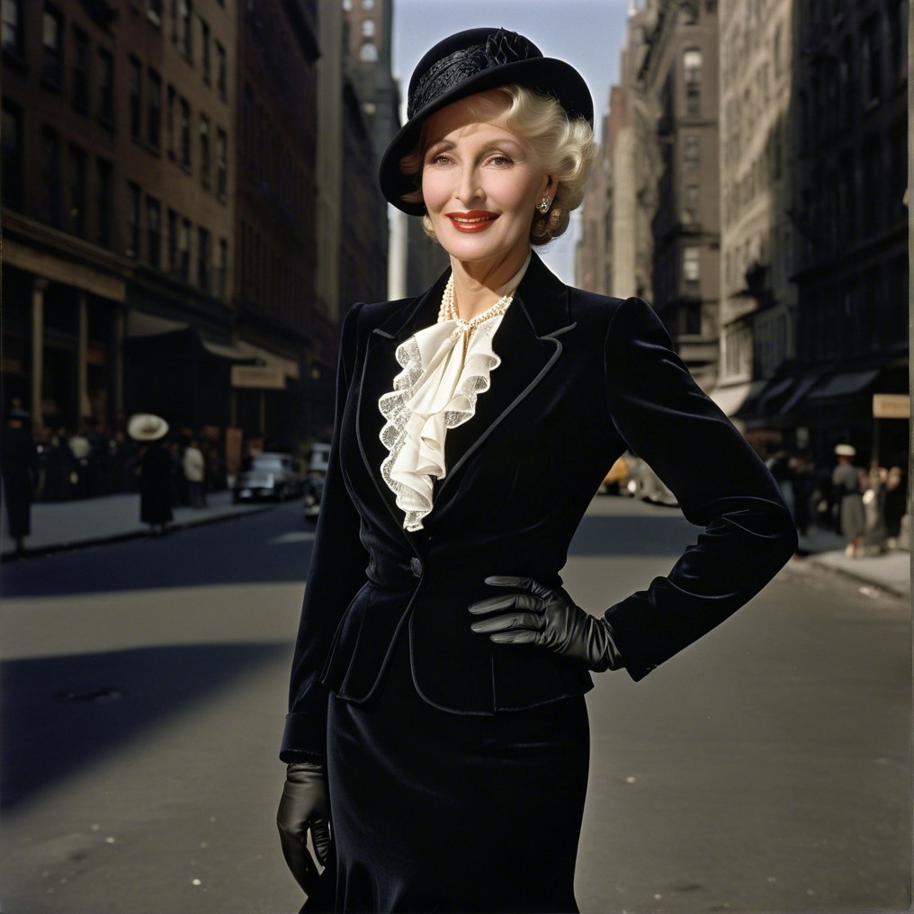 Fashionable Woman in Elegant Black Velvet Suit on Street