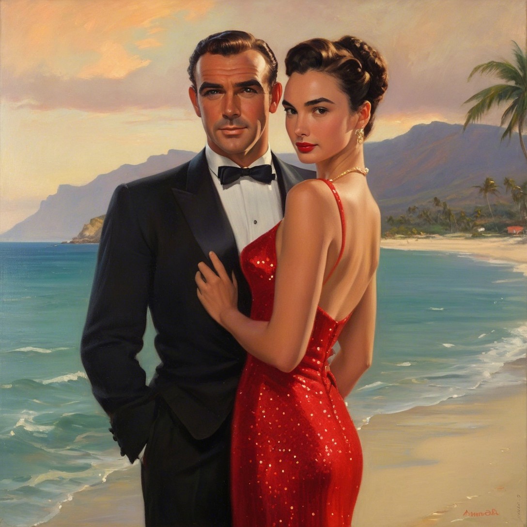 Glamorous Couple on Beach at Sunset with Mountains