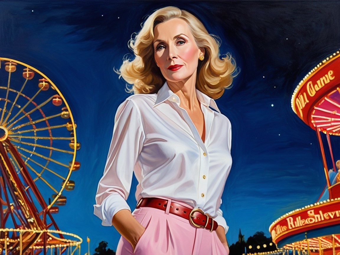 Glamorous Woman at Vibrant Carnival with Ferris Wheel
