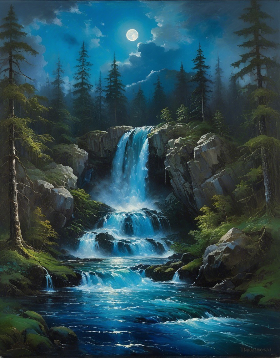 Serene Waterfall Surrounded by Lush Trees and Moonlight