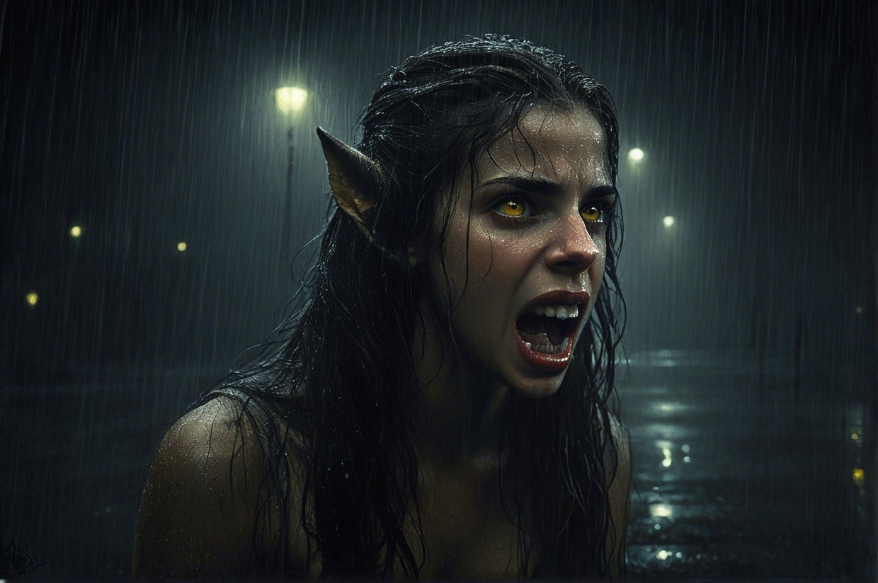 Mythical Creature in Dark, Rain-Soaked Setting