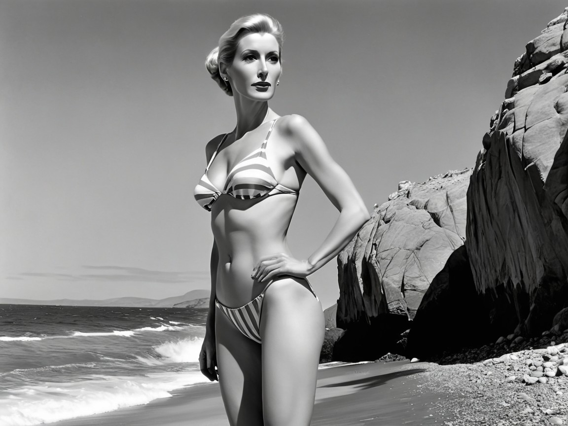 Black and White Glamorous Beach Scene with Striped Bikini