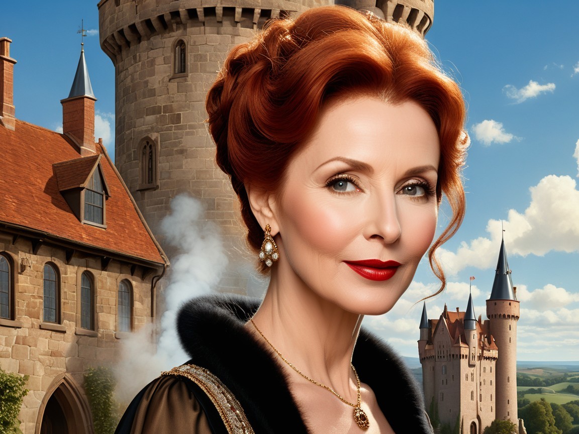 Regal Woman in Luxurious Black Garment and Castle Background