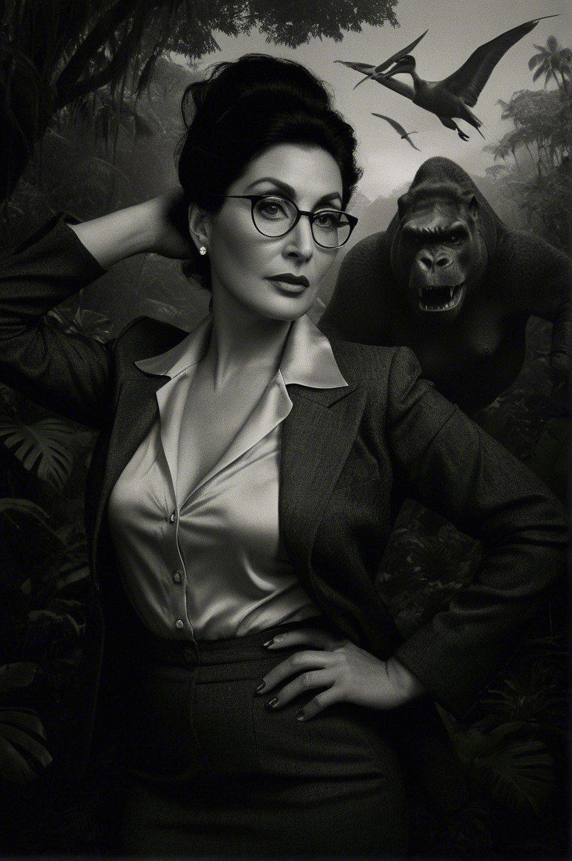 Stylish Woman in Suit with Jungle and Gorilla Background