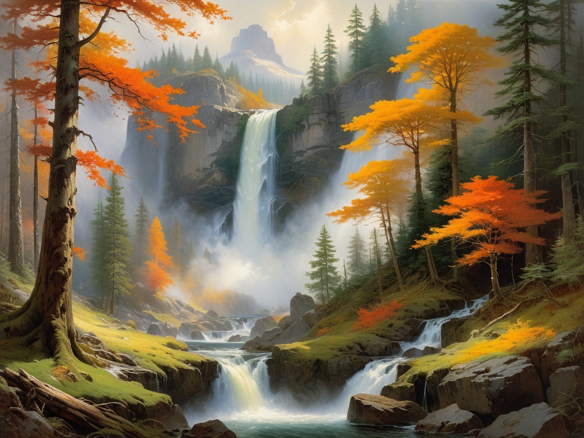Majestic Waterfall in Autumn Landscape Serenity