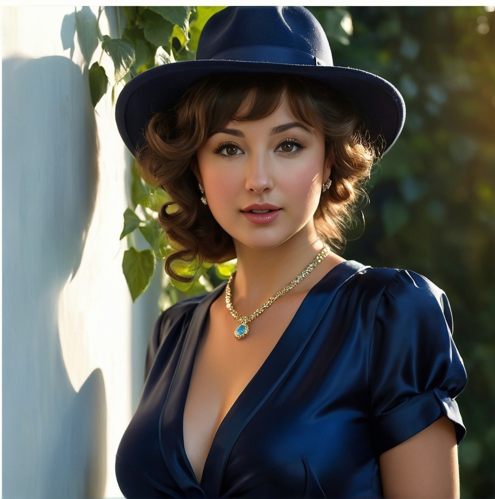 Young Woman in Navy Hat Against Lush Greenery