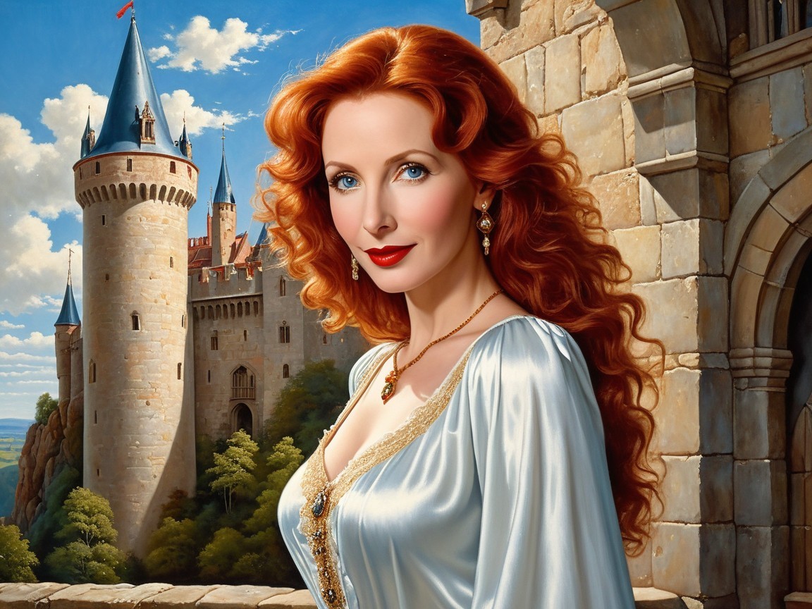 Woman in blue gown before a majestic castle backdrop