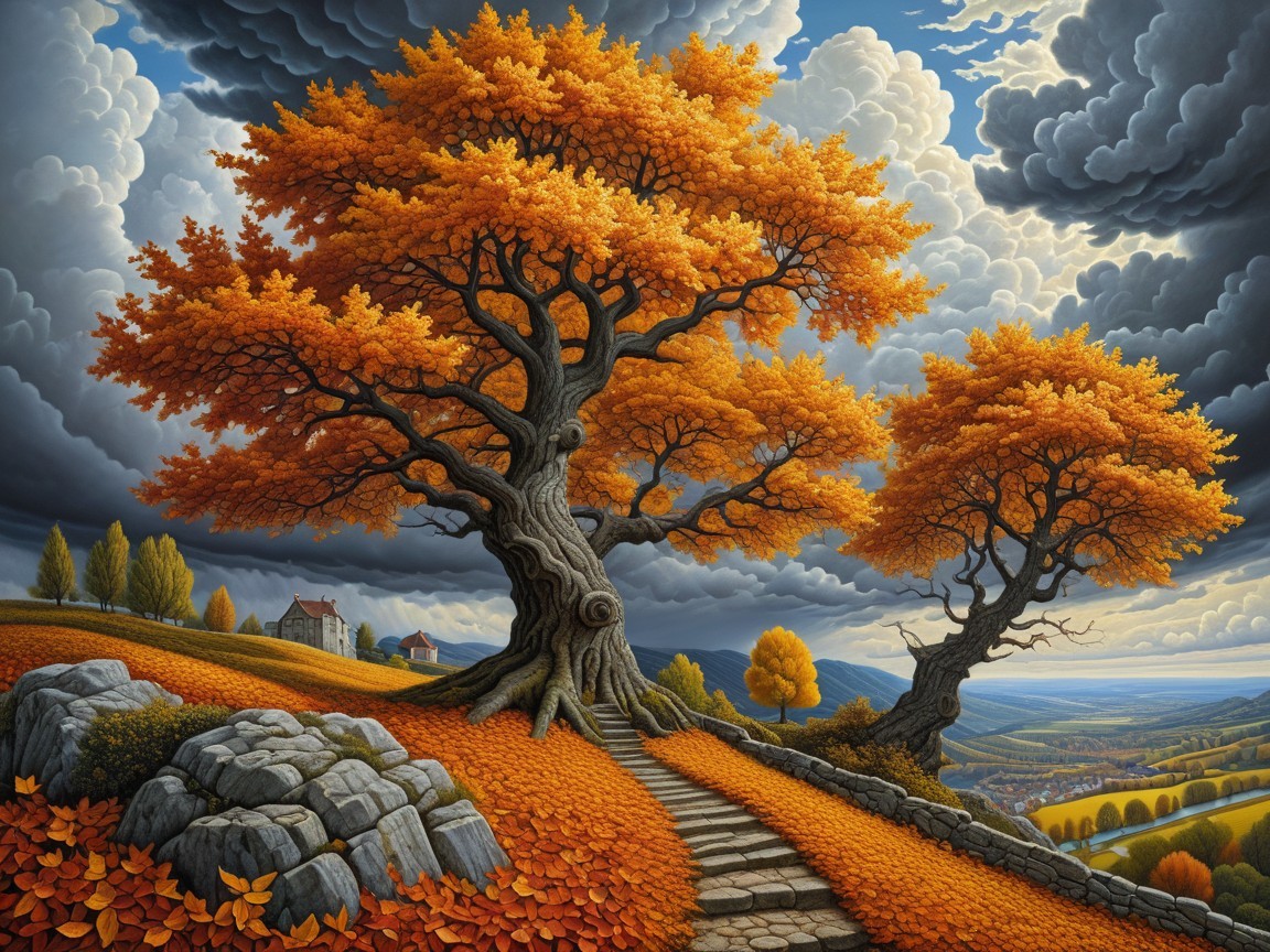 Autumn Landscape with Trees, Farmhouse, and Clouds