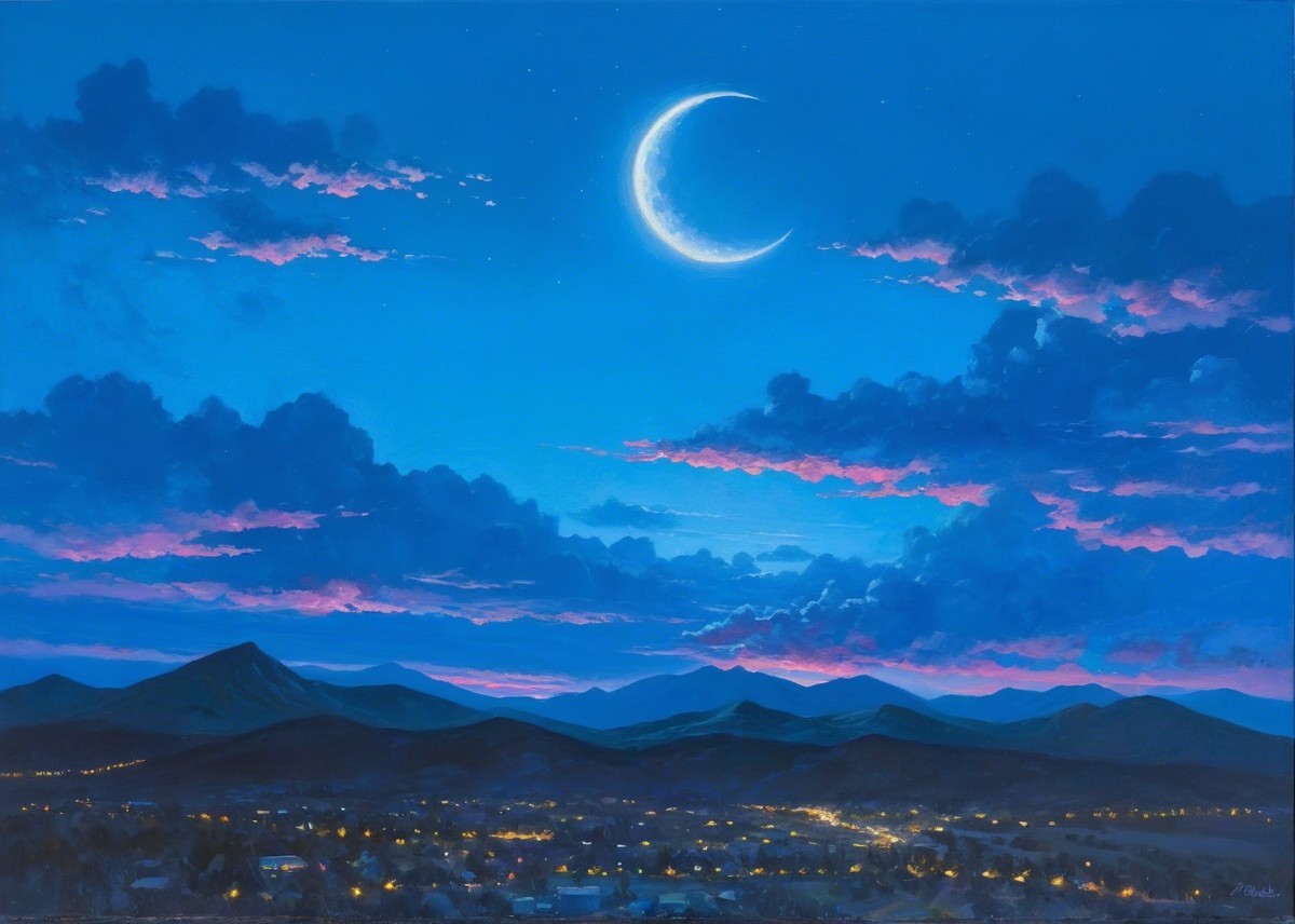 Crescent Moon Over Dark Mountains at Night