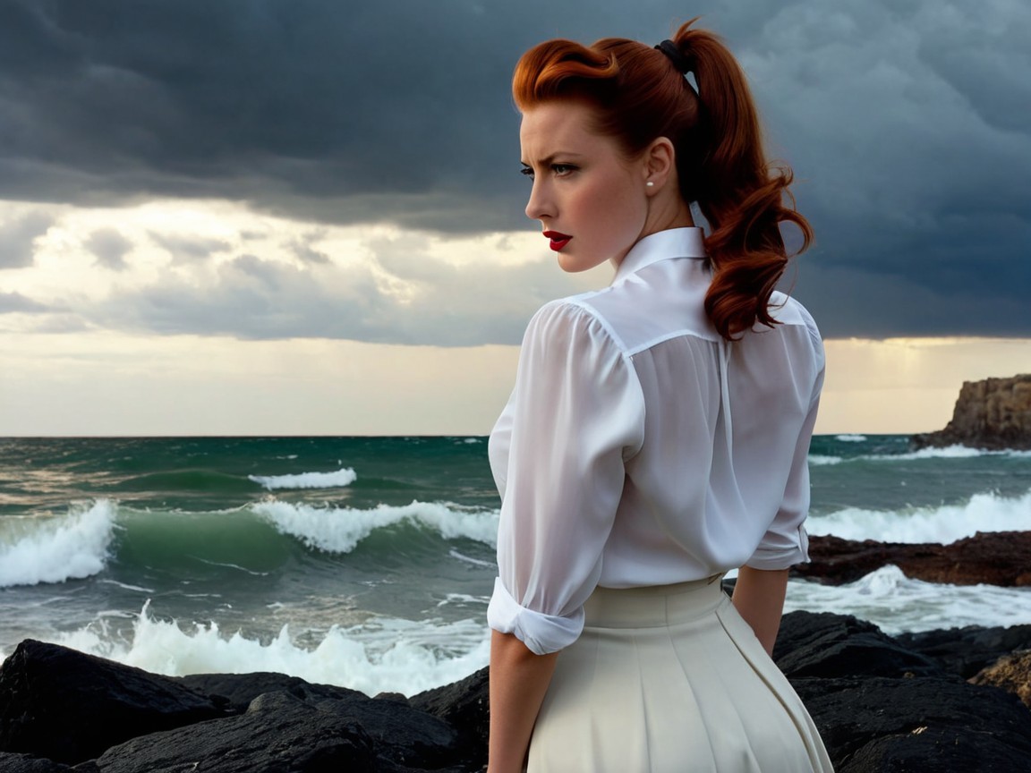 Woman with red hair on rocky shore under dark clouds