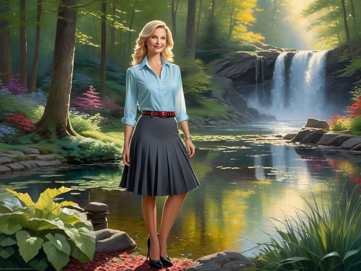 Confident Woman in Serene Landscape with Waterfall