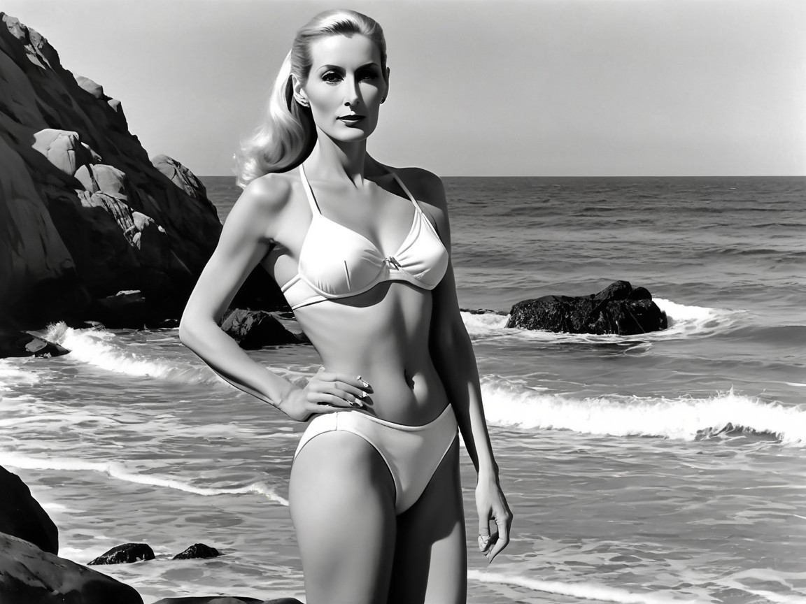 Black-and-white image of model on beach in bikini