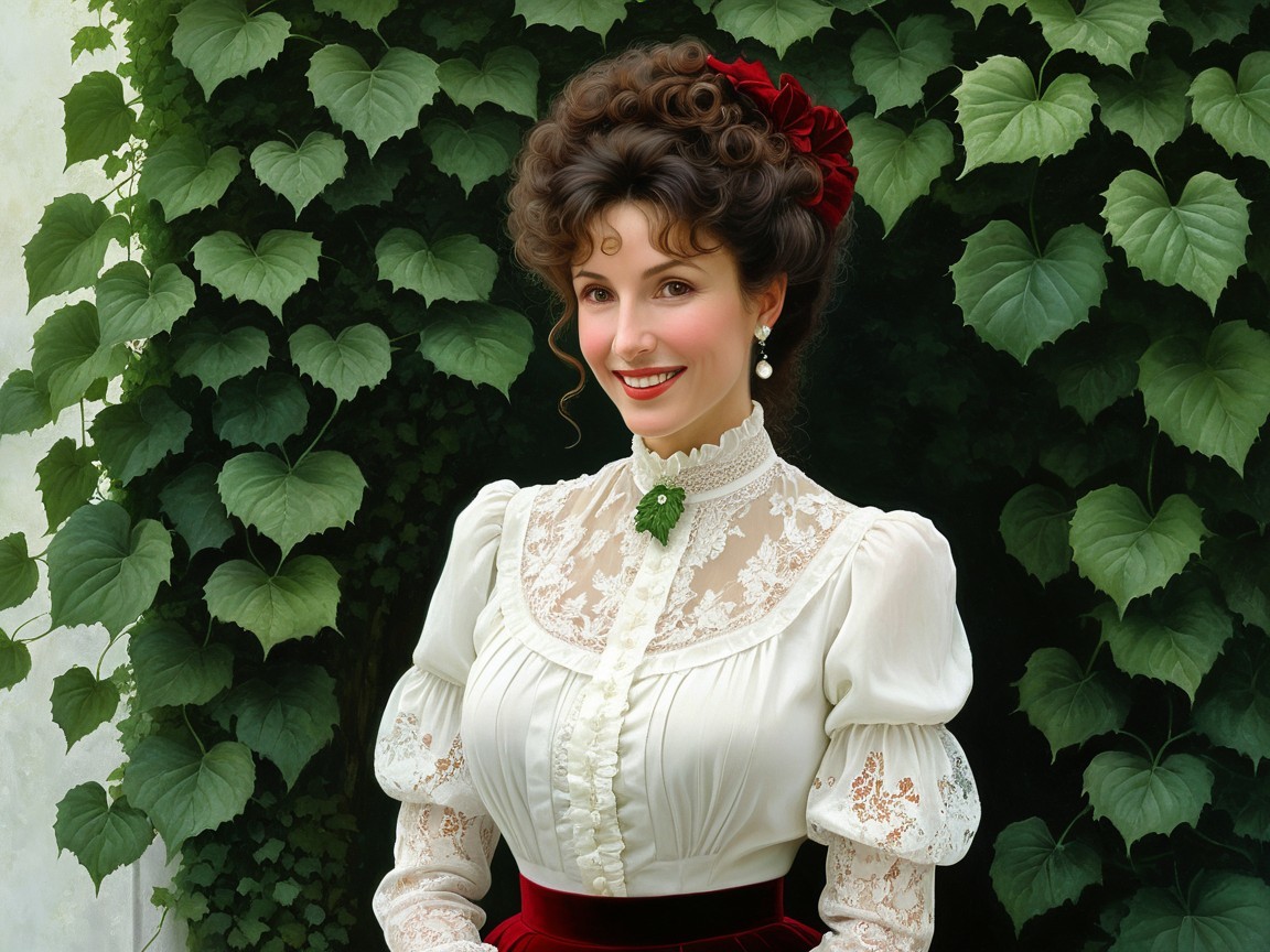 Young Woman in Vintage Outfit Surrounded by Ivy