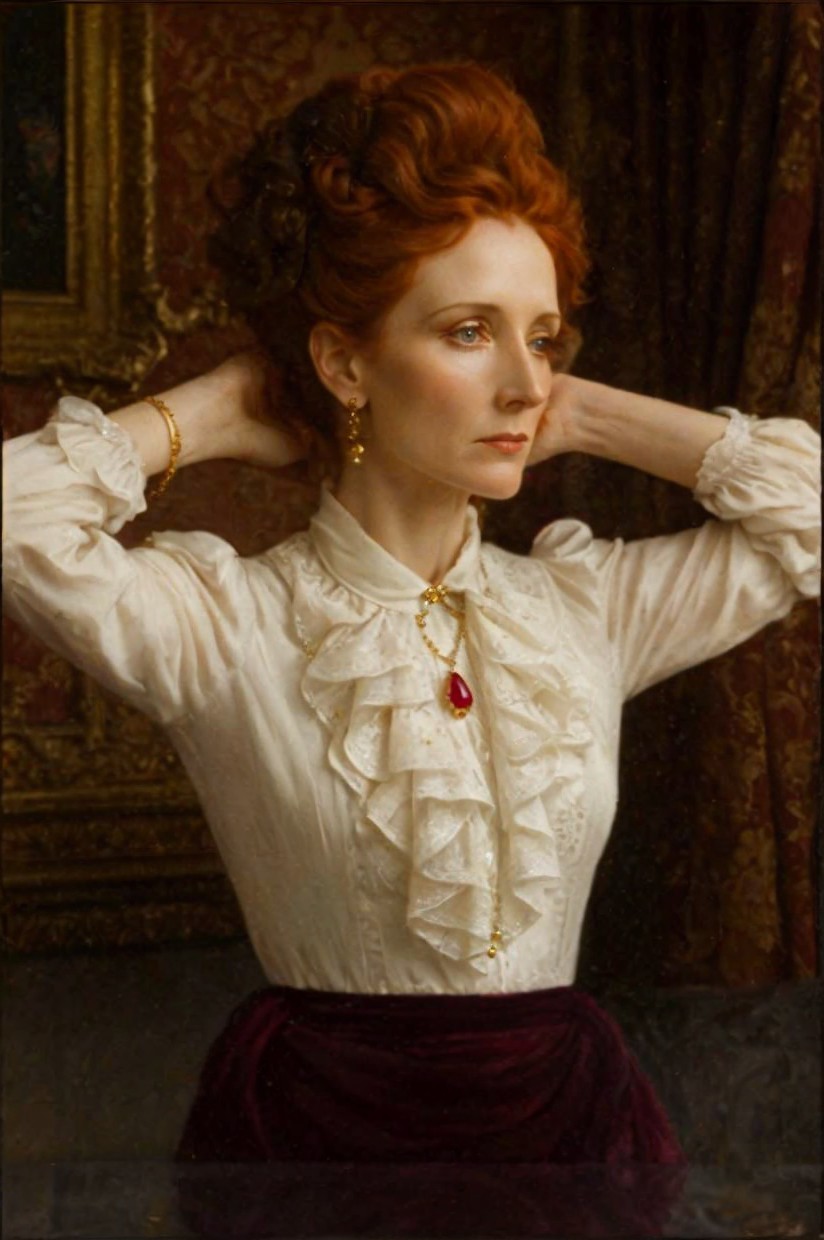 Elegant woman in vintage interior with red hair