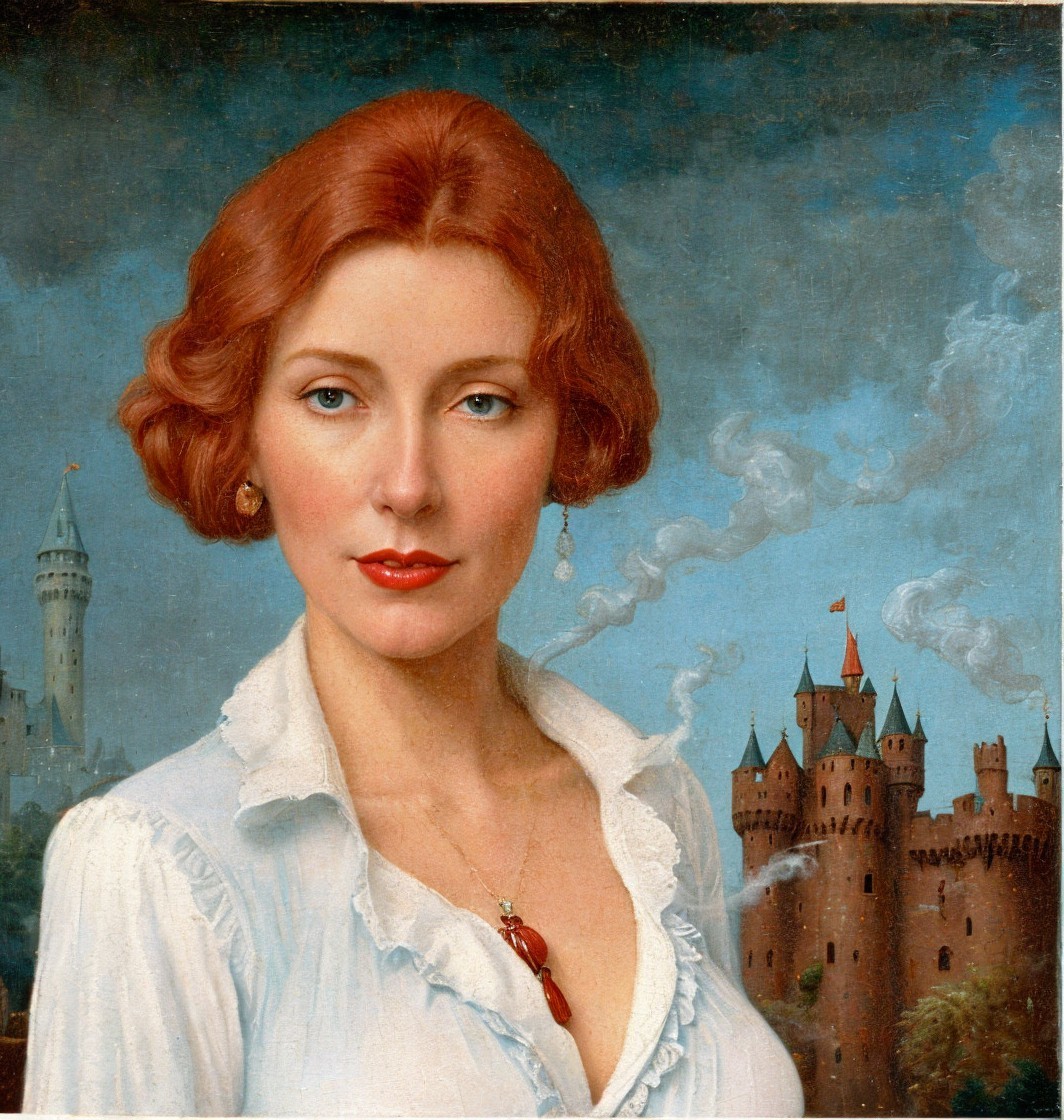 Woman with Red Hair in Front of Medieval Castle