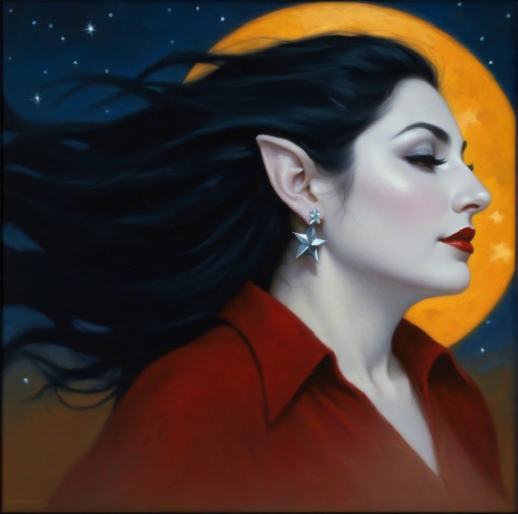 Portrait of a woman with black hair and moonlit backdrop